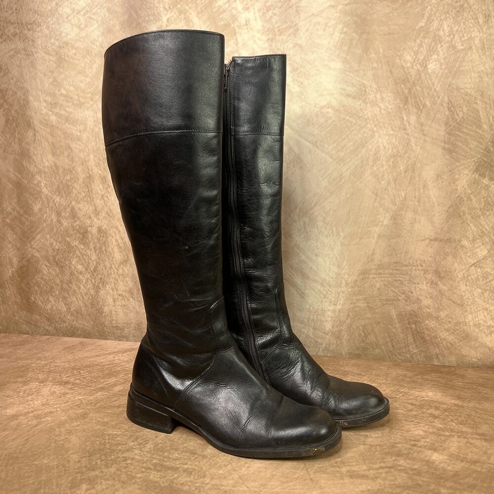 Knee High Leather Boots Black Zip Up Heeled Vintage 90s Indie Sleaze Euro Goth